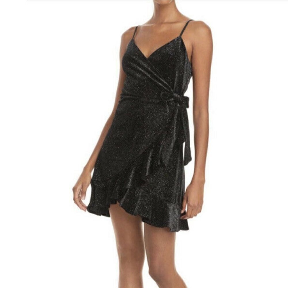 NWT AQUA Metallic Black Velvet Wrap Ruffle Party Dress Small